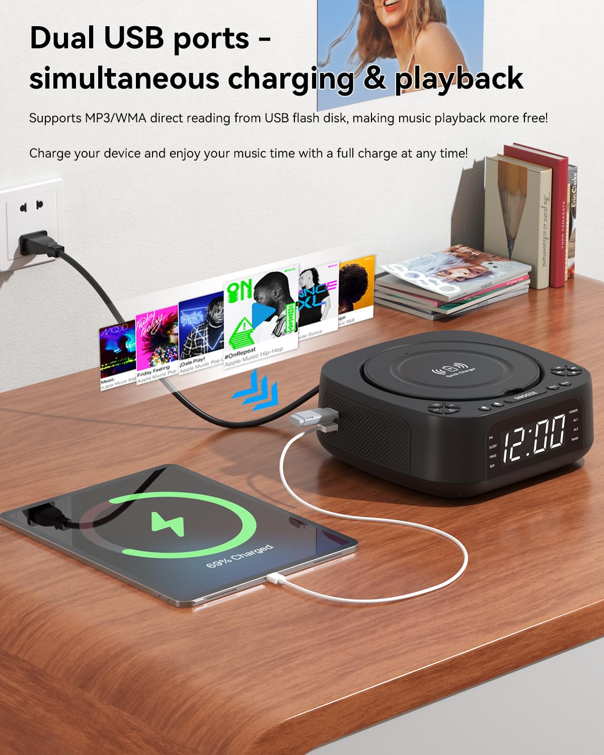 CD Player Portable,MONODEAL CD Players for Home,Desktop Portable CD Player with Bluetooth Speakers,Wireless Charging,Alarm Clock,SleepTimer,Supports CD/Bluetooth/FM Radio/USB Drive/AUX,Remote Control