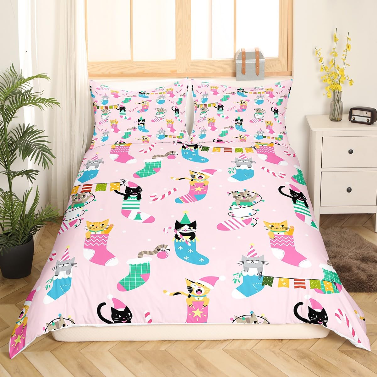 Pink Christmas Bedding Set Kids Cute Cat Comforter Cover Set for Boys Teens Duvet Cover Socks Pink Bedspread Cover Room Decor Quilt Cover Double