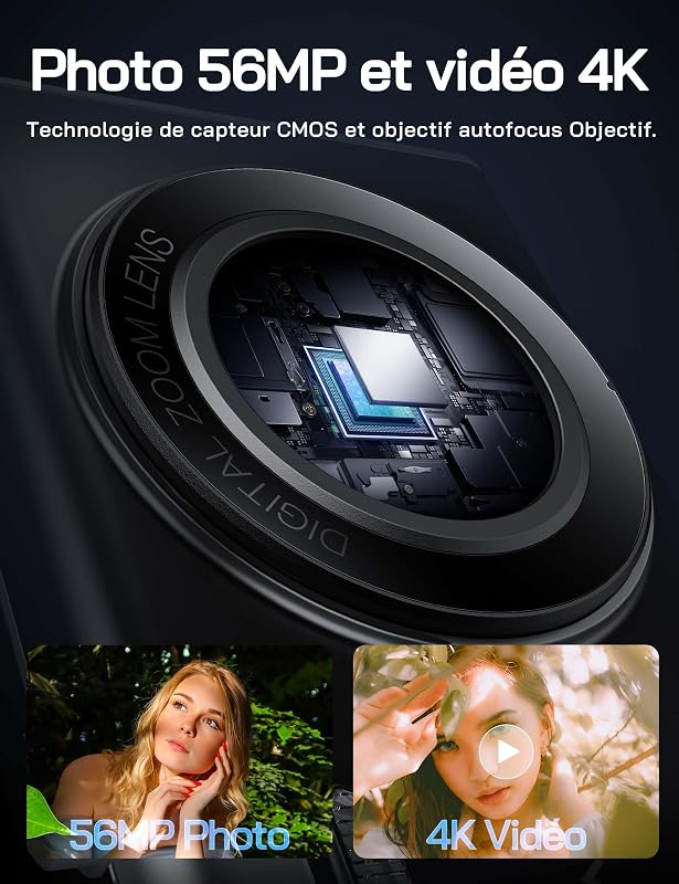 Appareil Photo numérique, caméra 4K pour Enfants, compacte 56 MP, vidéo Zoom numérique 16X, Point de Mise au Point Automatique et Appareil Photo numérique, Cadeau