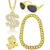Hoedia 4 PACK 80s 90s Hip Hop Costumes Outfit Kit with Fake Gold Chains, Money Chains, Sunglasses, Large Dollar Sign Finger Rings Rapper Accessories for Men and Women Halloween Party Dress Outfits