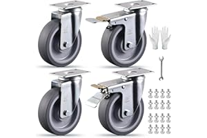 VM VIMA 5 Inch Castets Set of 4 Heavy Duty Caster Wheels with Brake 3000Lbs Swivel TPR Rubber Wheel Silent Castor Locking Industrial Plate Casters Wheels for Cart Furniture Workbench, Free Bolts and Nuts