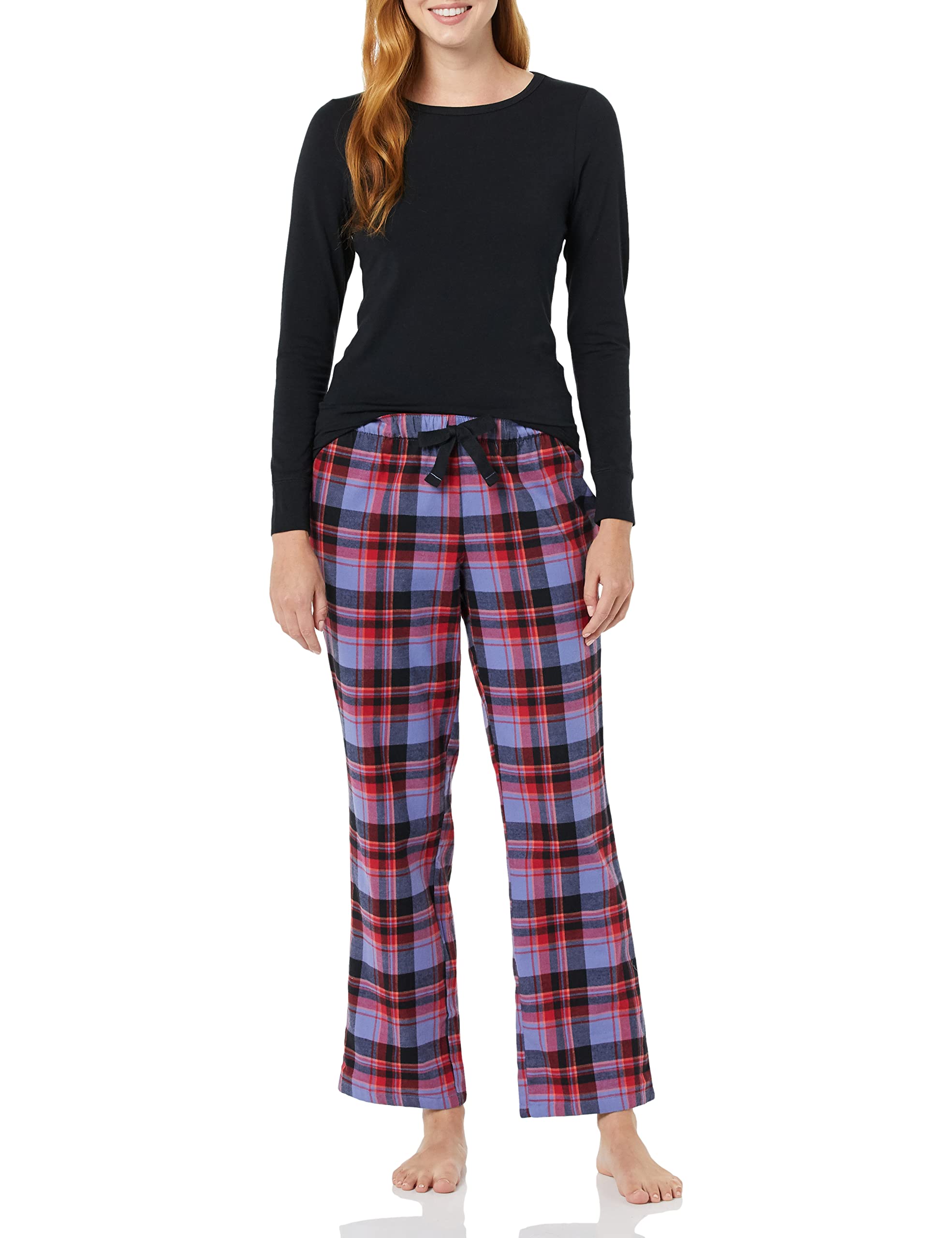 Photo 1 of Amazon Essentials Women's Lightweight Flannel Pant and Long-Sleeve T-Shirt Sleep Set, Black/Blue Mixed Tartan, X-Small