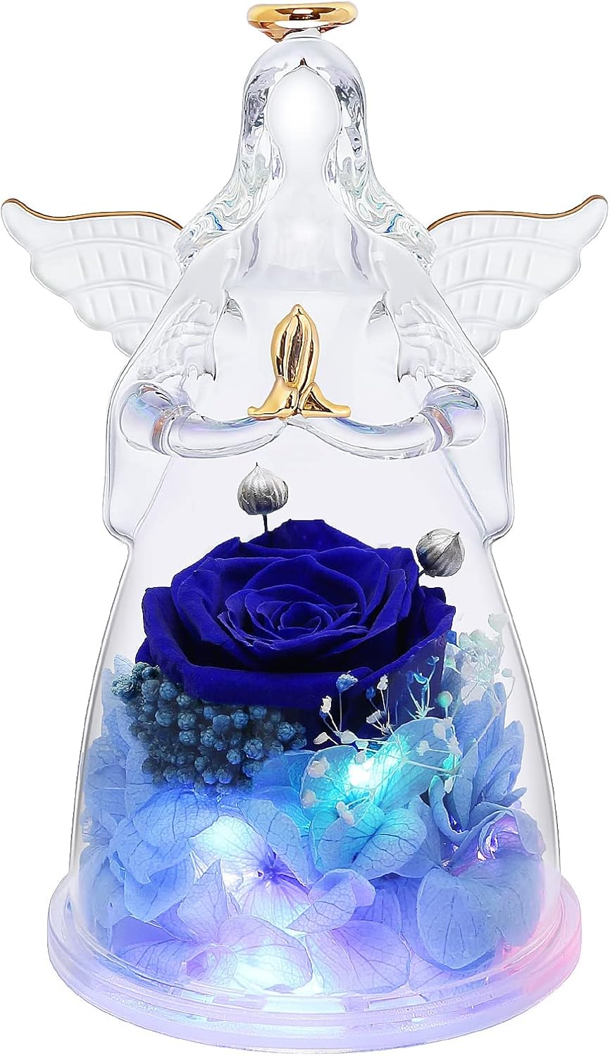 Dried & Preserved Flora - Rose Flower Gifts for Her,Blue Preserved Flower Rose in Glass Angel Figurines Gift,Birthday Gifts for Women,Great Mom Gift,Light Up Glass Angel Gifts with Preserved Real Roses, Angel Gifts for Wife