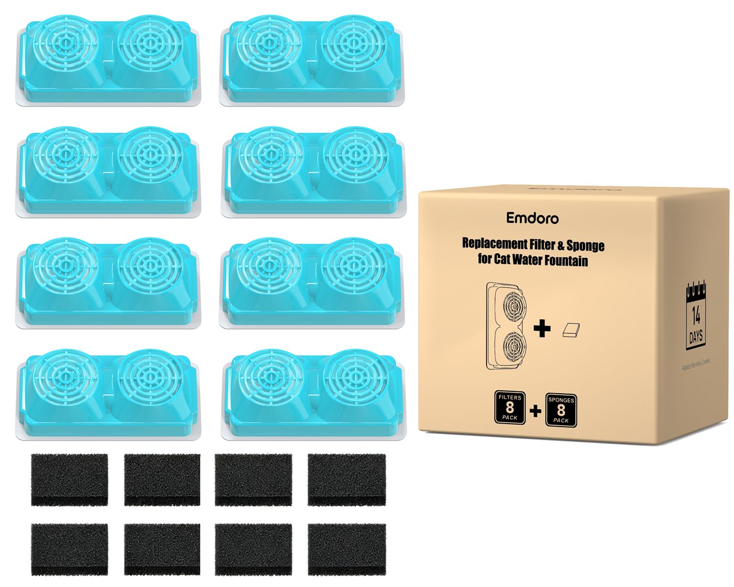 Photo 1 of Emdoro Official 8-Pack Replacement Filters and Sponges for 3.2L/108oz Stainless Steel Cat Water Fountain Cordless (4 Months Set)