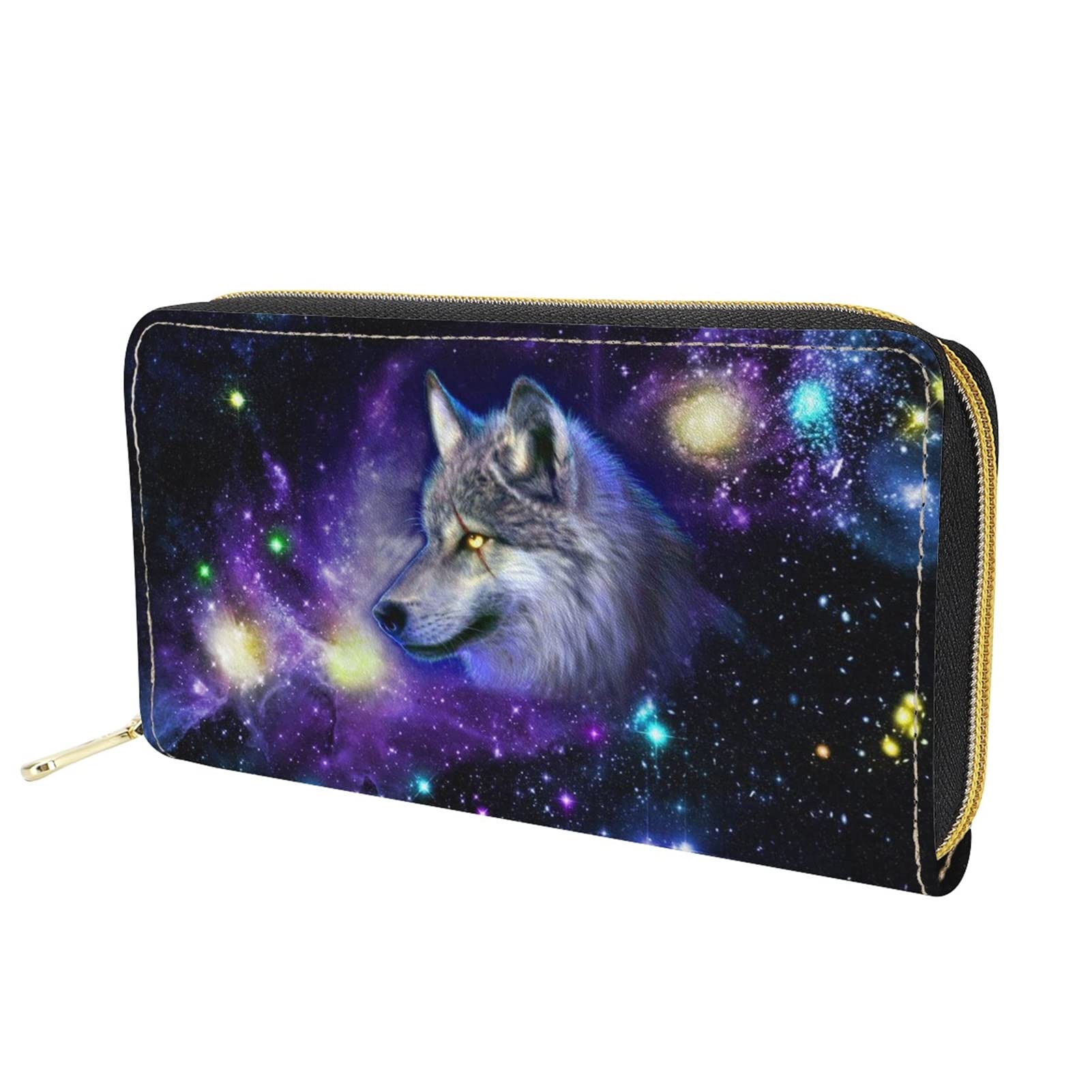 Dolyues Galaxy Animal Wolf Print Women Purse with Zip Coin Pocket Pu Leather Wallet Ladies Large Capacity Multi Credit Card Bags Cash Holder