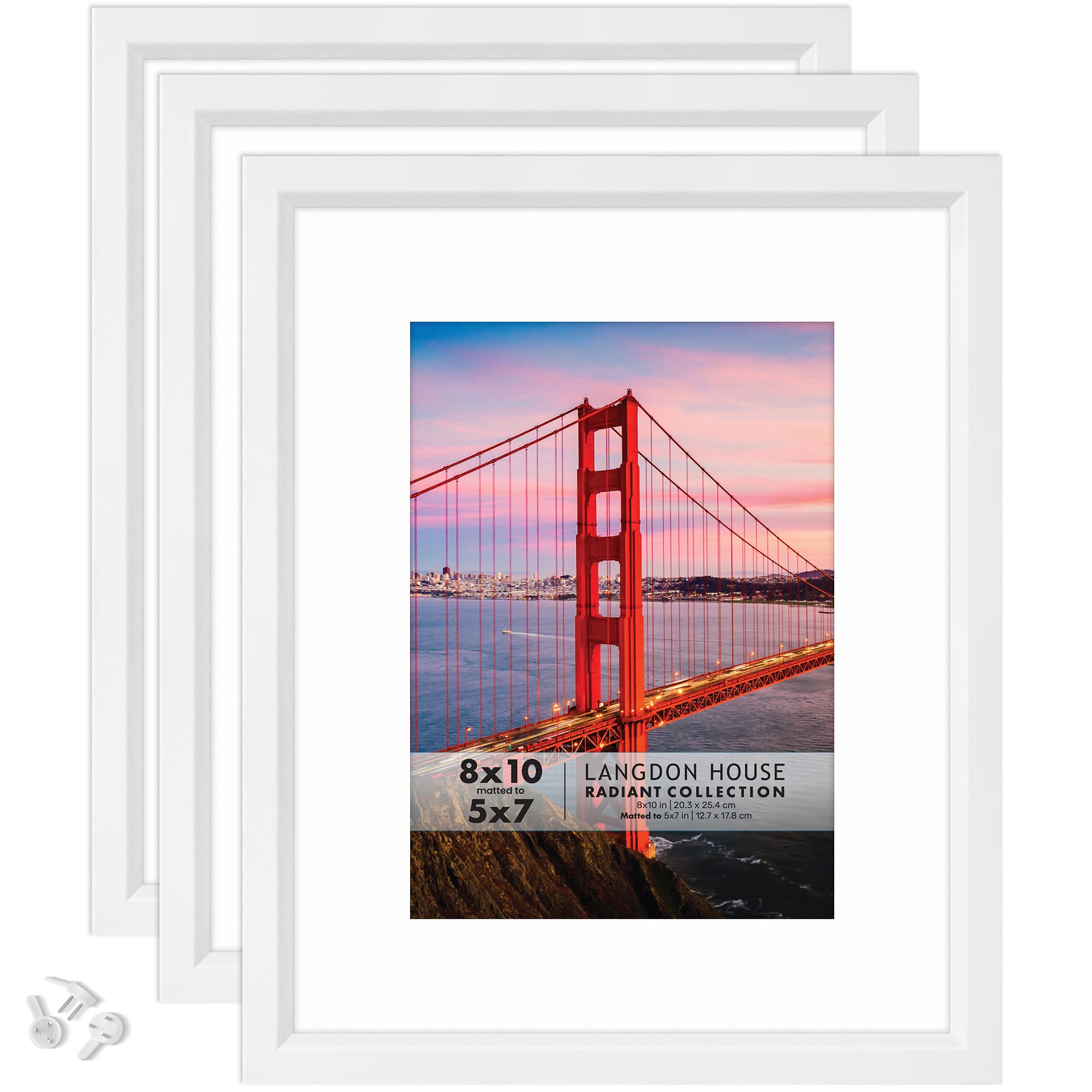 Langdon House 10x8 Picture Frames w/Mat to 7x5 (White, 3 Pack), Modern w/Bevelled Accent, Tabletop Easel and Wall Hanging Hooks Included, Radiant Collection