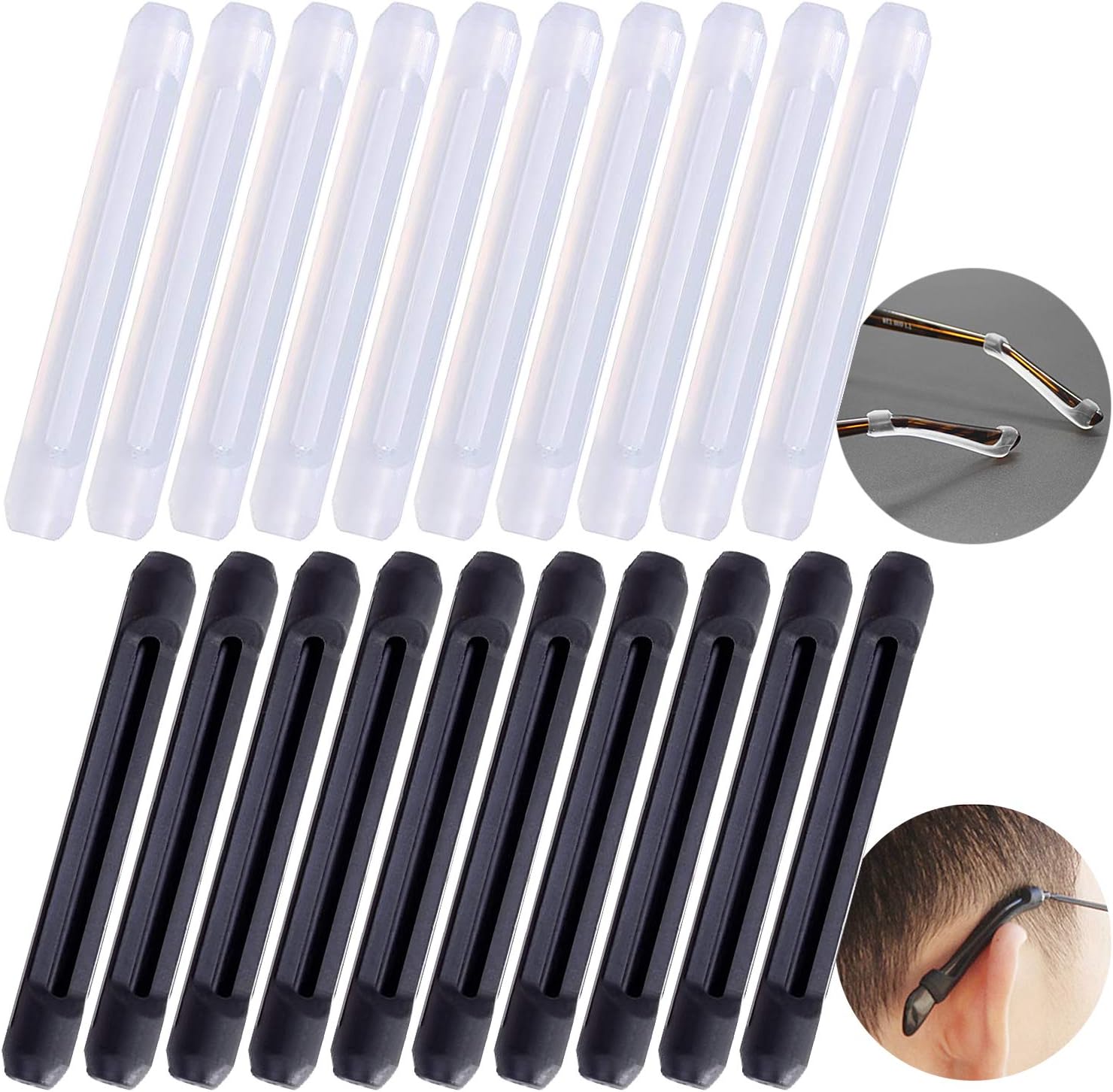 NATEE 20 x Non-Slip Silicone Eyeglass Frame with Flexible and Comfortable Ear Hooks, 10 Transparent + 10 Black