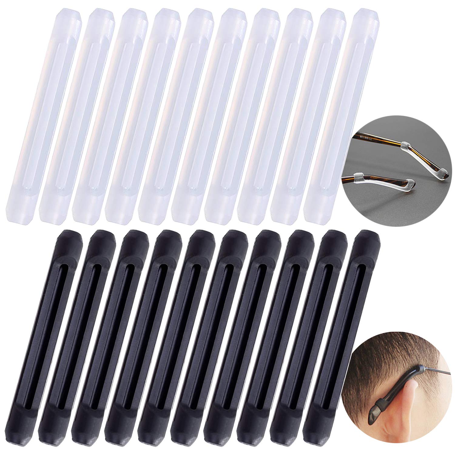 NATEE 20 x Non-Slip Silicone Eyeglass Frame with Flexible and Comfortable Ear Hooks, 10 Transparent + 10 Black
