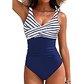 Women's One Piece Swimsuits Ruched Slimming Bathing Suits for Women V Neck Criss Cross Ruched Push Up Slimming Swimwear