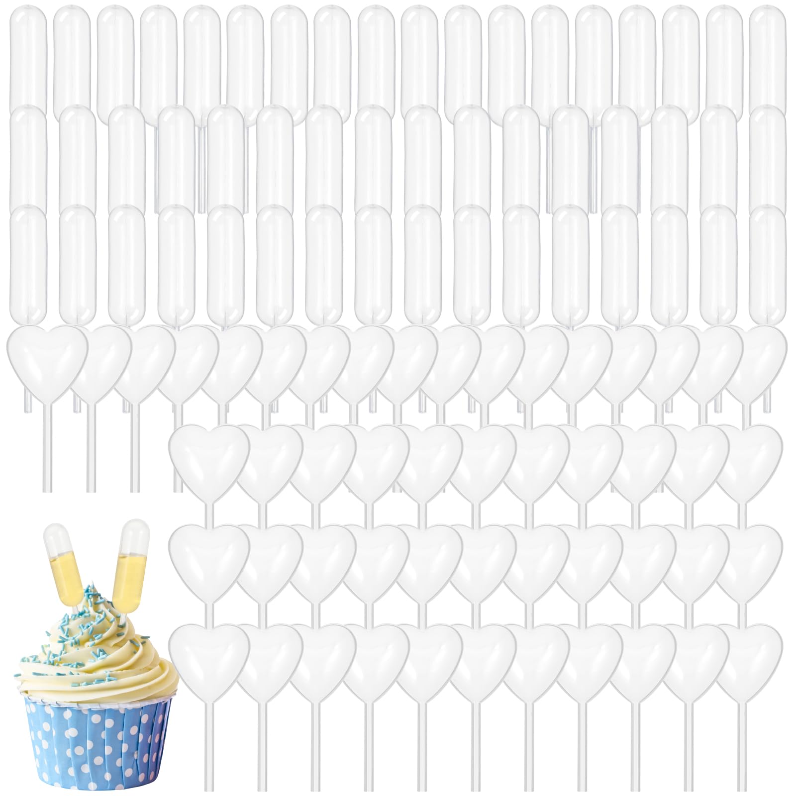 Photo 1 of 100Pcs 4Ml Mini Cupcake Pipettes, 2 Styles Clear Plastic Liquid Dropper, Transfer Liquid Squeeze Dropper Pipettes, Disposable Mini Pipette for Chocolate Strawberries Cupcakes Decoration