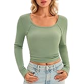 Yousify Womens Long Sleeve Shirts Square Neck Crop Tops Slim Fit Ribbed Knit Y2k Going Out Basic Tee Fall Workout Outfit