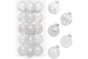 SY SUPER BANG 80MM/3.14" Clear Christmas Ornaments Set, 20PCS Shatterproof Decorative Hanging Ball Ornament with Stuffed Delicate Decorations, Xmas Tree Balls for Holiday Party Thankgivings - White.