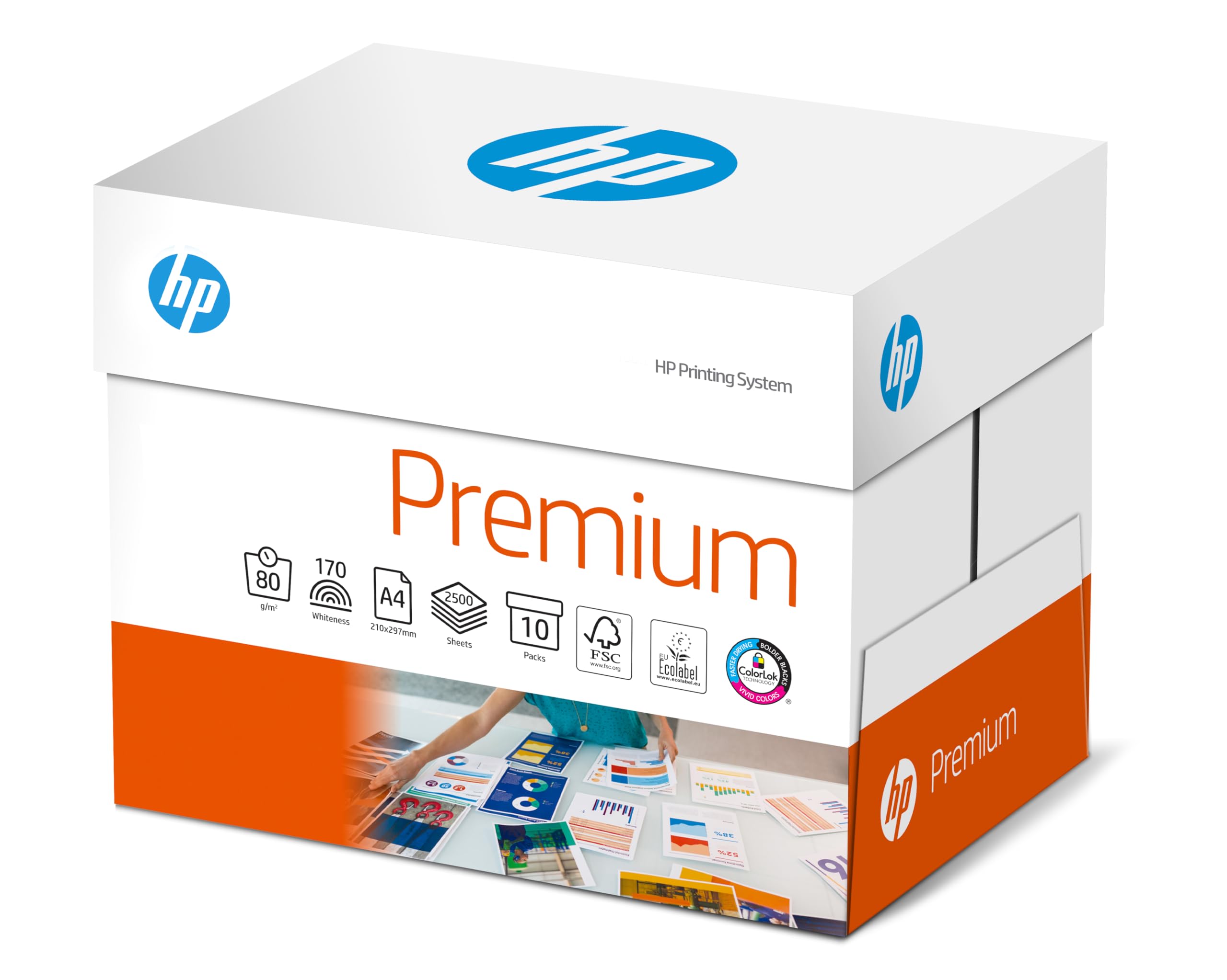 HP Printer Paper, Premium A4 Paper, 210x297mm, 80gsm, 10 Ream Carton, 2500 Sheets - FSC Certified Copy Paper