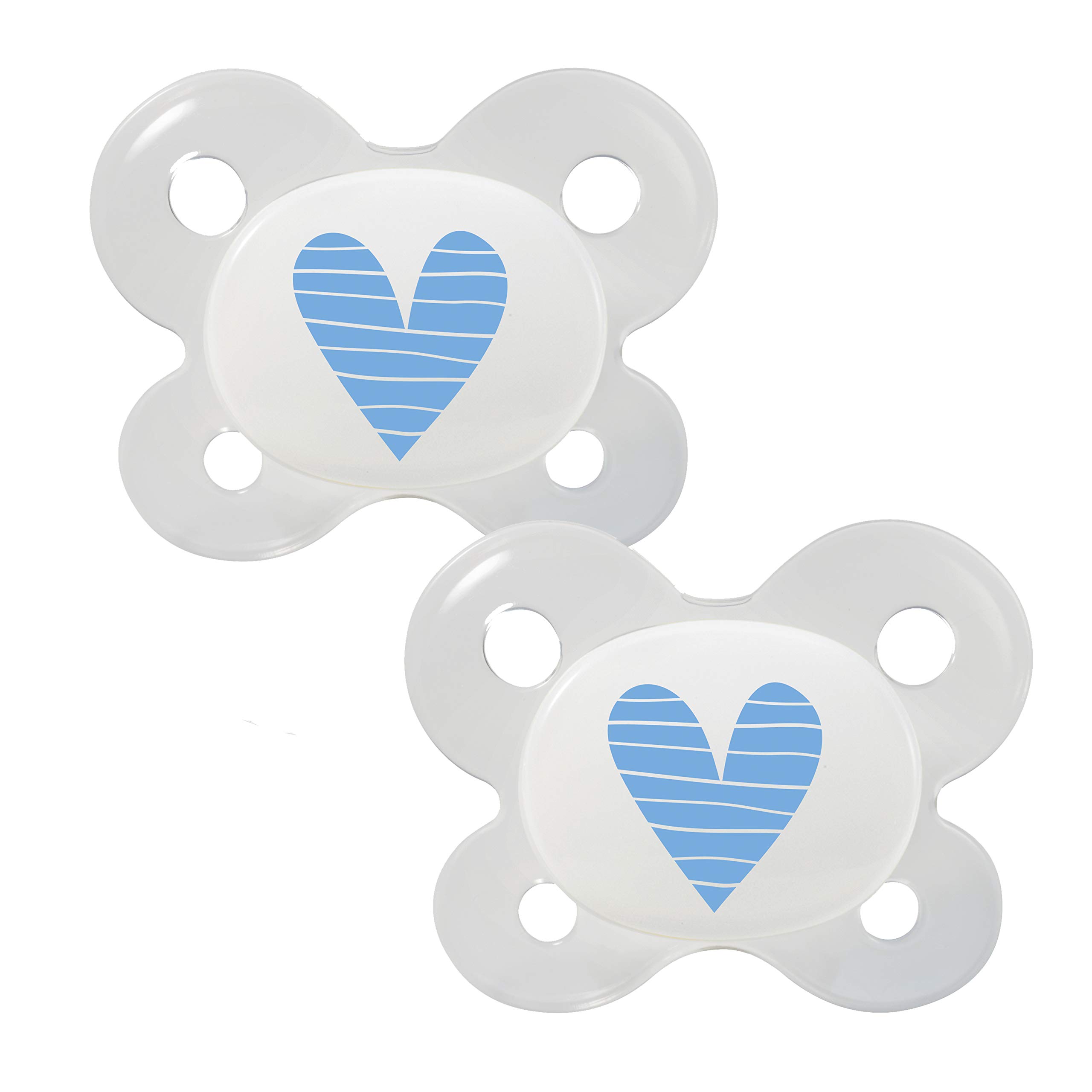 Dentistar® Silicone Soother Set of 2 - Size 0 for 0-2 Months - Tooth and Jaw Friendly Silicone Soother with Dental Step - Blue with Heart Motif - BPA Free Baby Accessories - Made in Germany