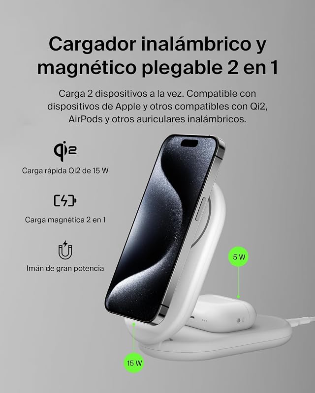 BoostCharge Cargador Magnético Plegable Qi2 15W, Estación de Carga Inalámbrica Compatible con MagSafe, Carga Rápida para iPhone 17, Air, Pixelsnap, Base con Soporte Antideslizante - Blanco