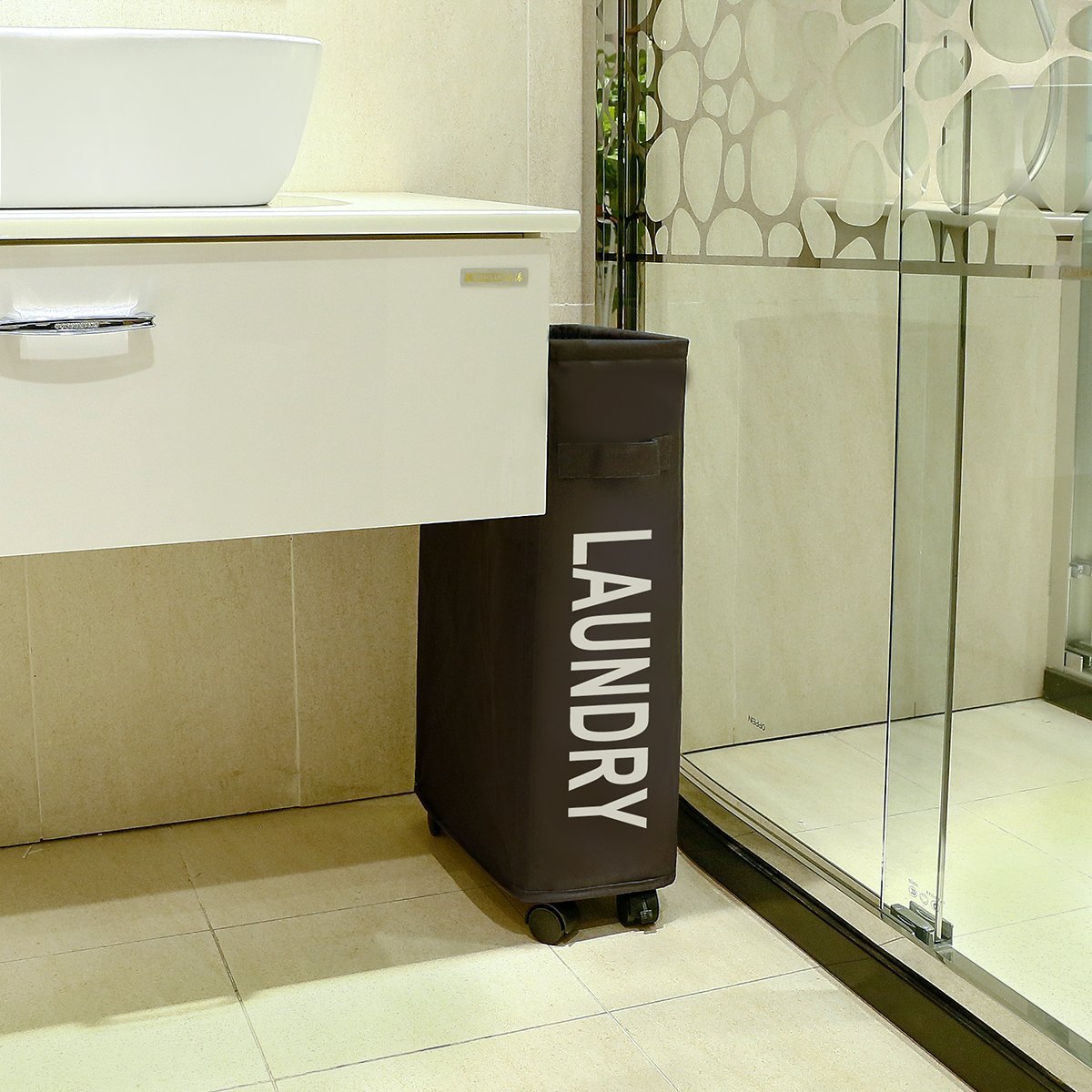 WOWLIVE Thin Laundry Basket with Wheels Slim Tall Waterproof Laundry Hamper with handles Rolling laundry bin Corner Standing Dirty Clothes Organizer (Chocolate Brown)