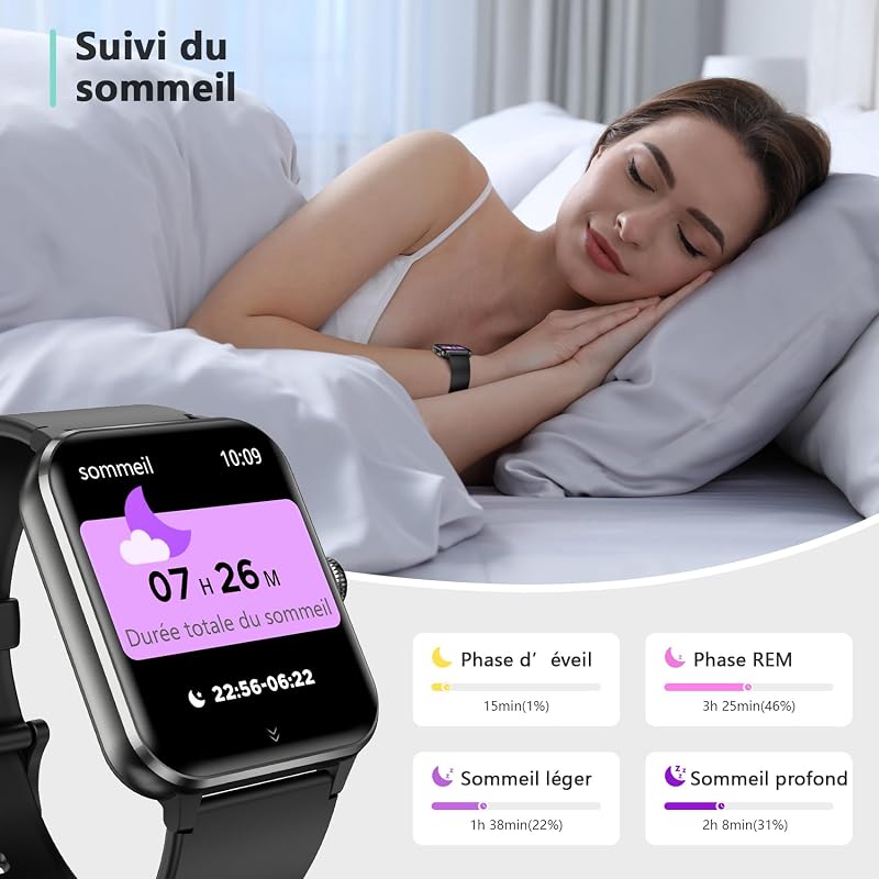 Montre Connectée Homme Femme, Appel Bluetooth, 1,85" HD, Noir