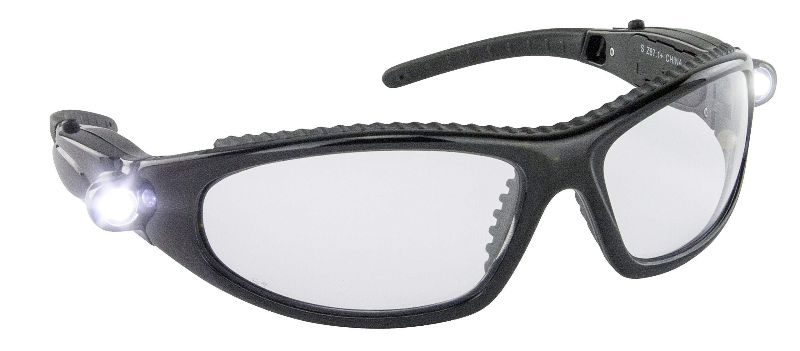 Photo 1 of LED Inspector Safety Glasses | Protective Eyewear | Black Frame, Polycarbonate Clear Frames | Low to High Impact | Built-In LED Lights | 99.9% UV Protection | Woodworking, Construction, Mechanic
