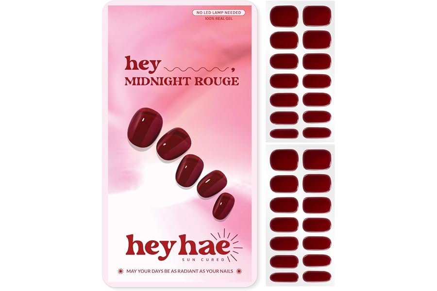 Heyhae Semi Cured Gel Nail Strips - Hey, Midnight Rouge | Red Jelly | Sun Cured No UV Light Needed, Salon Quality, Easy Apply & Remove | 28 Strips, Prep Pad, Nail File, Wooden Stick