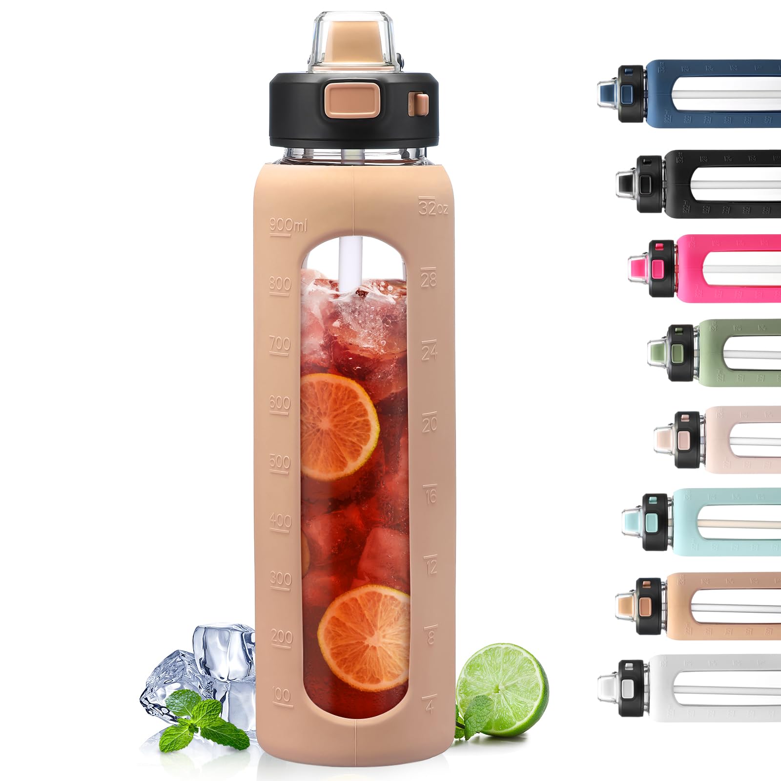 BLUEGO 900ml Glass Water Bottle with Handle and Straw Drinking Hydration Bottle with Silicone Sleeve and Time Marking Motivational Water Bottle for Gym Sports Outdoor Leak-proof,Amber