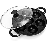 WUWEOT Aebleskiver Pan, Non Stick Appe Grill, 3.15" Appam Maker Griddle, Aluminium Pancake Octopus Ball Half Sphere Pan with 2 Side Handle and Glass Cover Lid