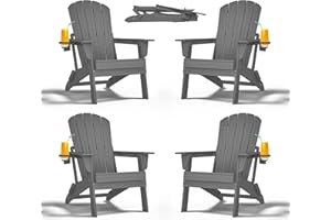 nevilywood Folding Adirondack Chair - Extended Ergonomic Backrest, Cup Holder - Easy Assembly - Durable HDPE Plastic, Weather Resistant & Maintenance-Free - Lawn, Patio, Deck Supports 400lbs Grey