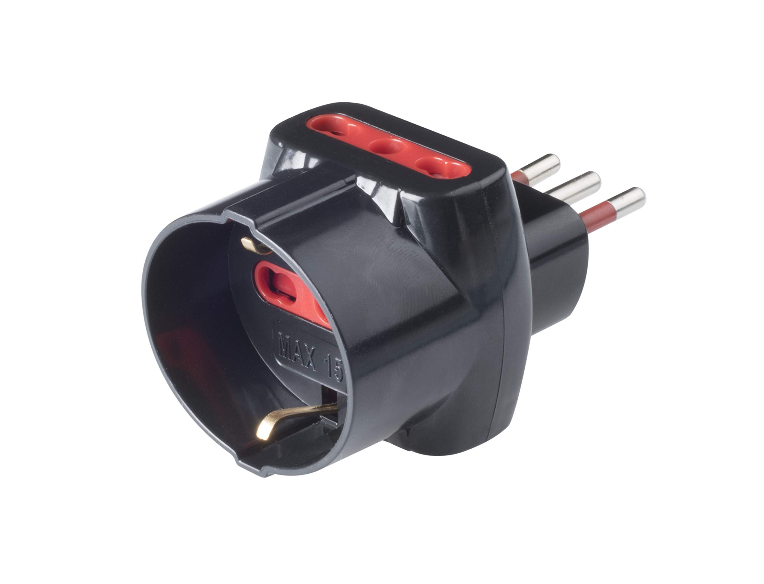 ROSI Emilia Prime Adapter: Triple, 10A to 16A, Schuko, Black, Plastic & Rubber, Overcurrent Protection