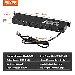 VEVOR 8 Outlet Horizontal 1U Rack Mount PDU Power