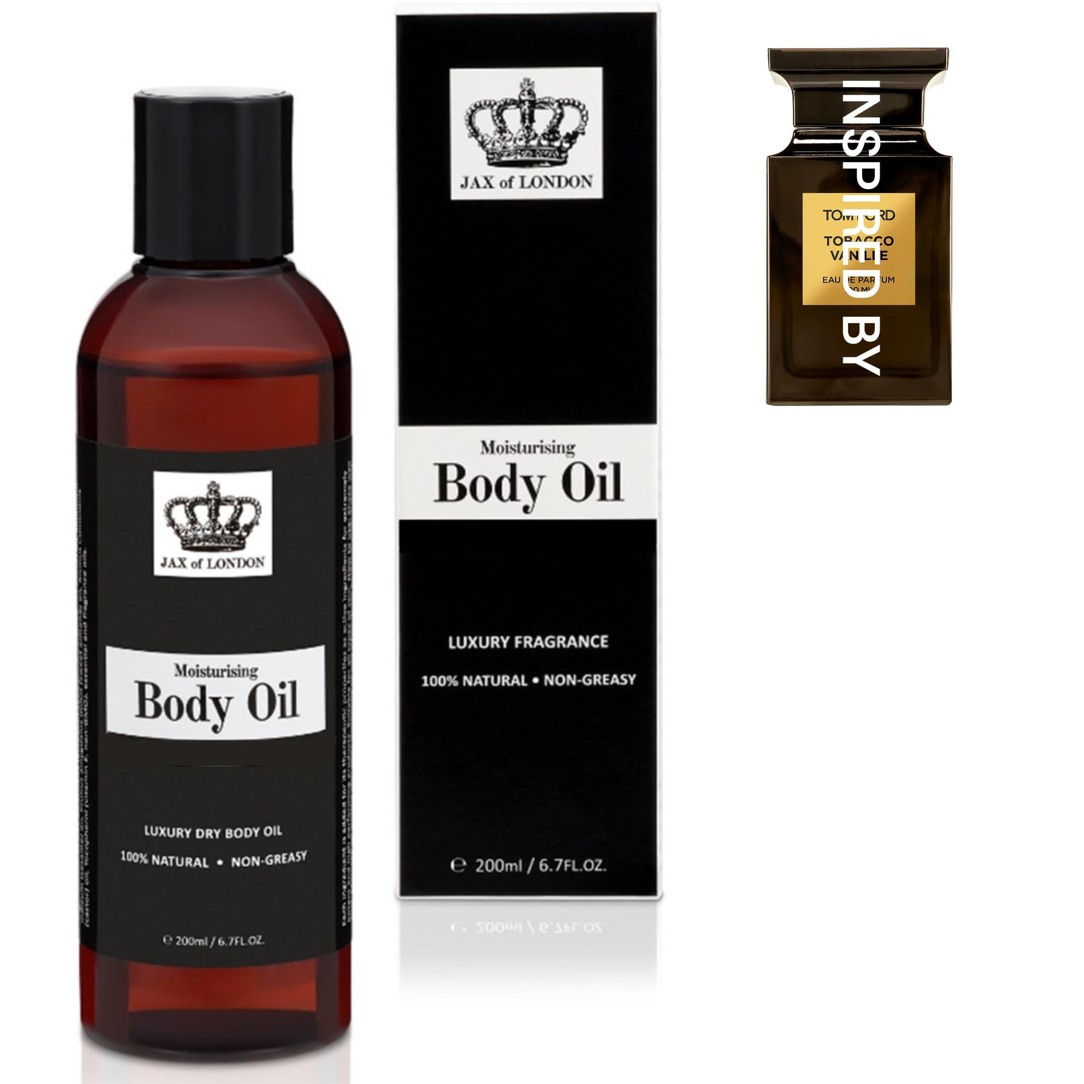 Jax of London Vanilla & Tobacco Inspired Body Oil 200ml – Unisex Fragrance for Men & Women – 100% Natural Ingredients – Organic – Moisturising Oil for Skin Hair & Massage – Stretch Marks – Made in UK