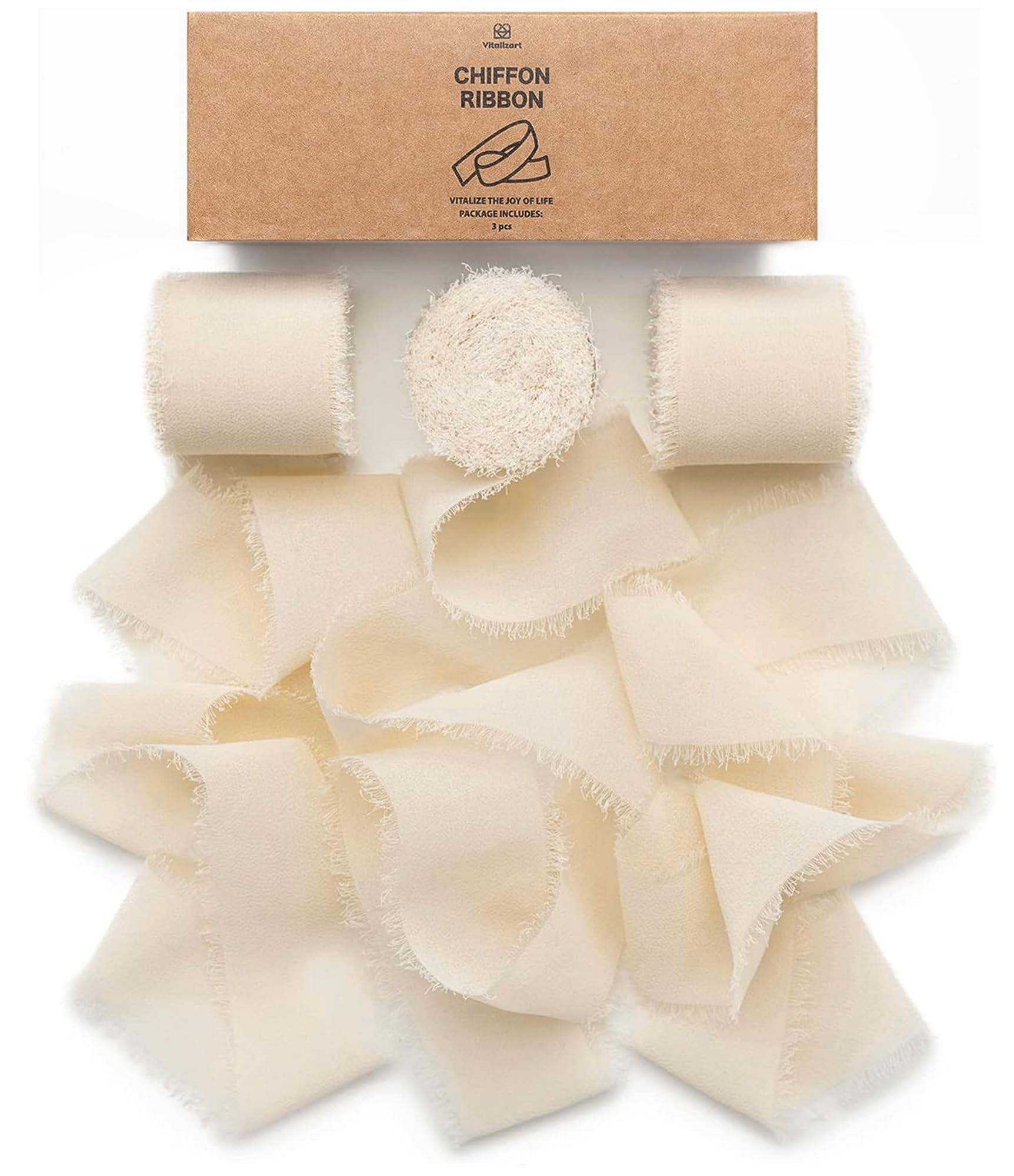 Photo 1 of Vitalizart Light Nude Handmade Chiffon Silk Ribbon Fringe 3 Rolls 1.5" x 21 Yd Beige Frayed Edges Ribbons for Wedding Invitations Bridal Bouquets Gifts Wrapping Crafts Holiday Decor