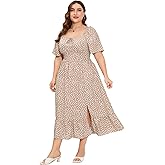 ShopWonder Womens Plus Size Square Neck Floral Print Summer Dress Ruffle Short Sleeve Tie Front Slit Hem Boho Maxi Dress