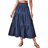 Verdusa Women's Bow Tie Tiered Ruffle Midi Denim Skirt Paperbag Waist Flowy Long Jean Skirt