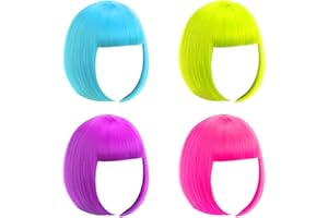 LIULIUBTY Short Bob Wig, 4 Pieces Colorful Wigs, 12" Cosplay Wigs with Flat Bangs, Neon Colored Wig for Women Party Favors Bachelorette Party Night Club with Extra Wig Cap