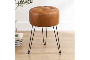 LUE BONA Faux Leather Vanity Stool Chair for Makeup Room,Brown Stool for Vanity,19” Height, Tufted Small Vanity Chair with Metal Legs, Modern Foot Ottoman for Bedroom, Living Room