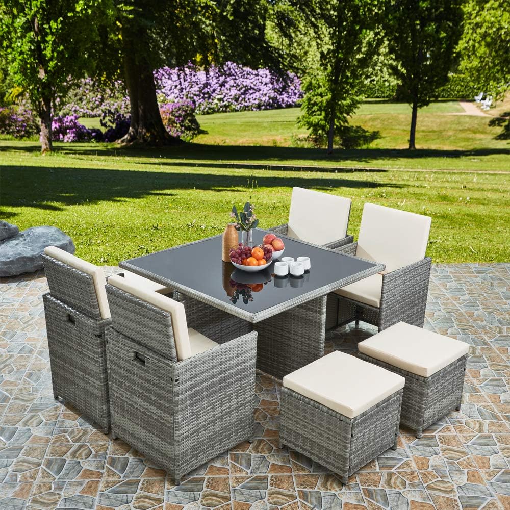 Raygar Deluxe 9 Piece 8 Seater Rattan Cube Dining Table Garden