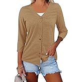 Dailiup Women's V Neck 3/4 Sleeve T-Shirts Button Down Cardigans Casual Solid Tunic Tops Basic Tees Blouses