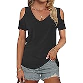 AUSELILY Womens Summer T Shirts Casual Ladies V Neck Tops Short Sleeve Cold Shoulder Loose Fit Blouse
