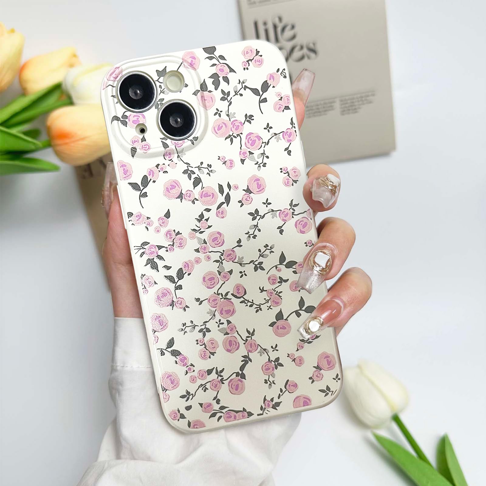 DYFYFKDI Floral Case for iPhone 14 Cute Flower Aesthetic Rose Pattern Vintage for Girls Women,Oil Florals Girly Trendy Slim Fit TPU Shockproof Protective Cover, Pink Flowers