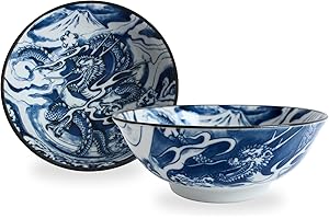 Mino ware Japanese Pottery Pair Ramen Noodle Donburi Bowl (set of two) made in Japan KND202 (Dragon & Mt. Fuji Blue)
