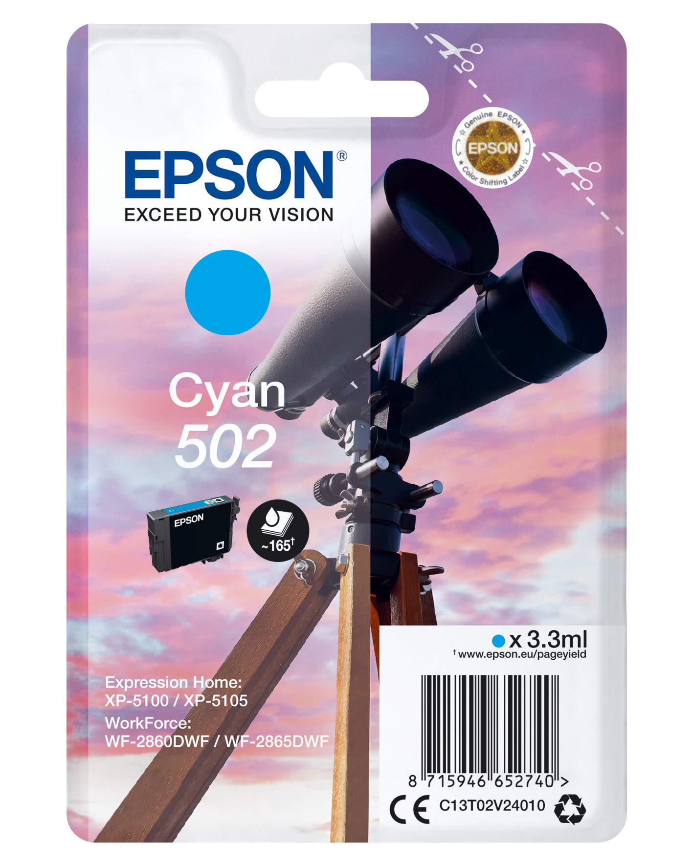 Epson Original 502 Ink Binoculars (XP-5100, XP-5105, WF-2860DWF, WF-2865DWF) - Cyan Standard - Normal Packaging