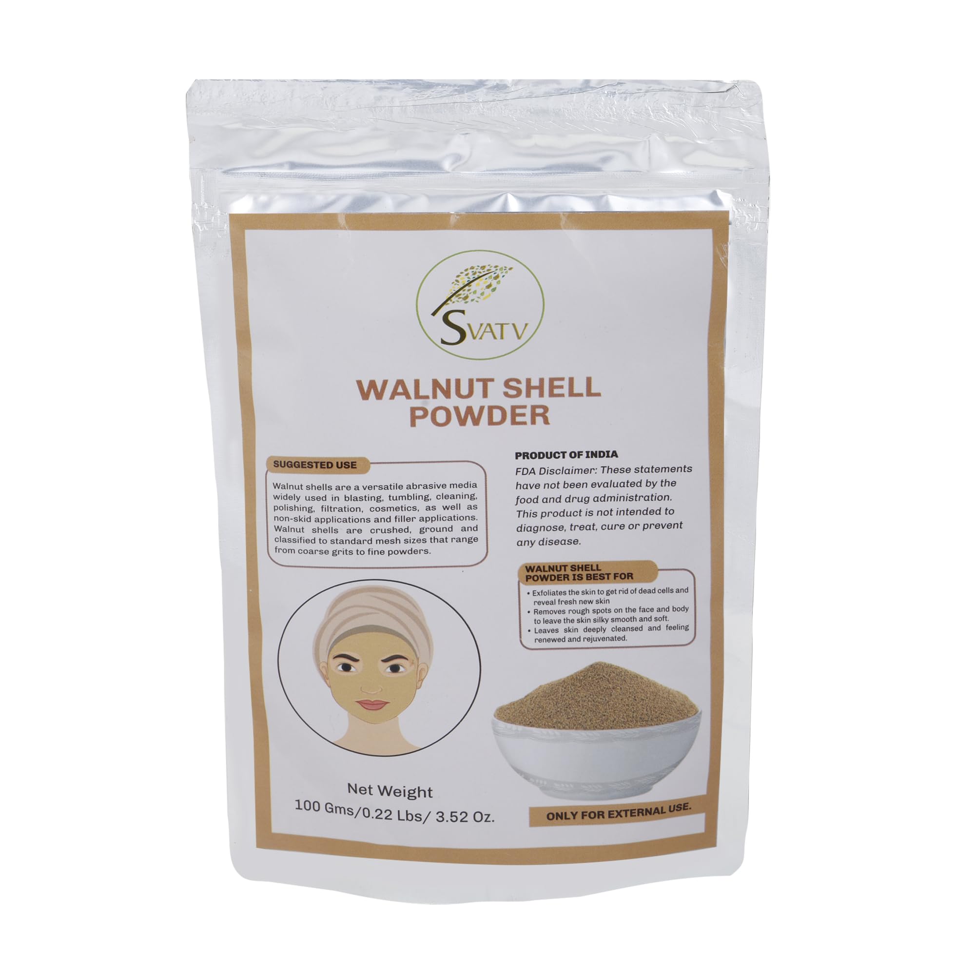 SVATV Walnut Shell Powder (Juglans regia L.) for facial Scrub Formulation, Lightening Skin Care, Dark Spots, Deep Cleansing natural skin exfoliator for Skin - 100g
