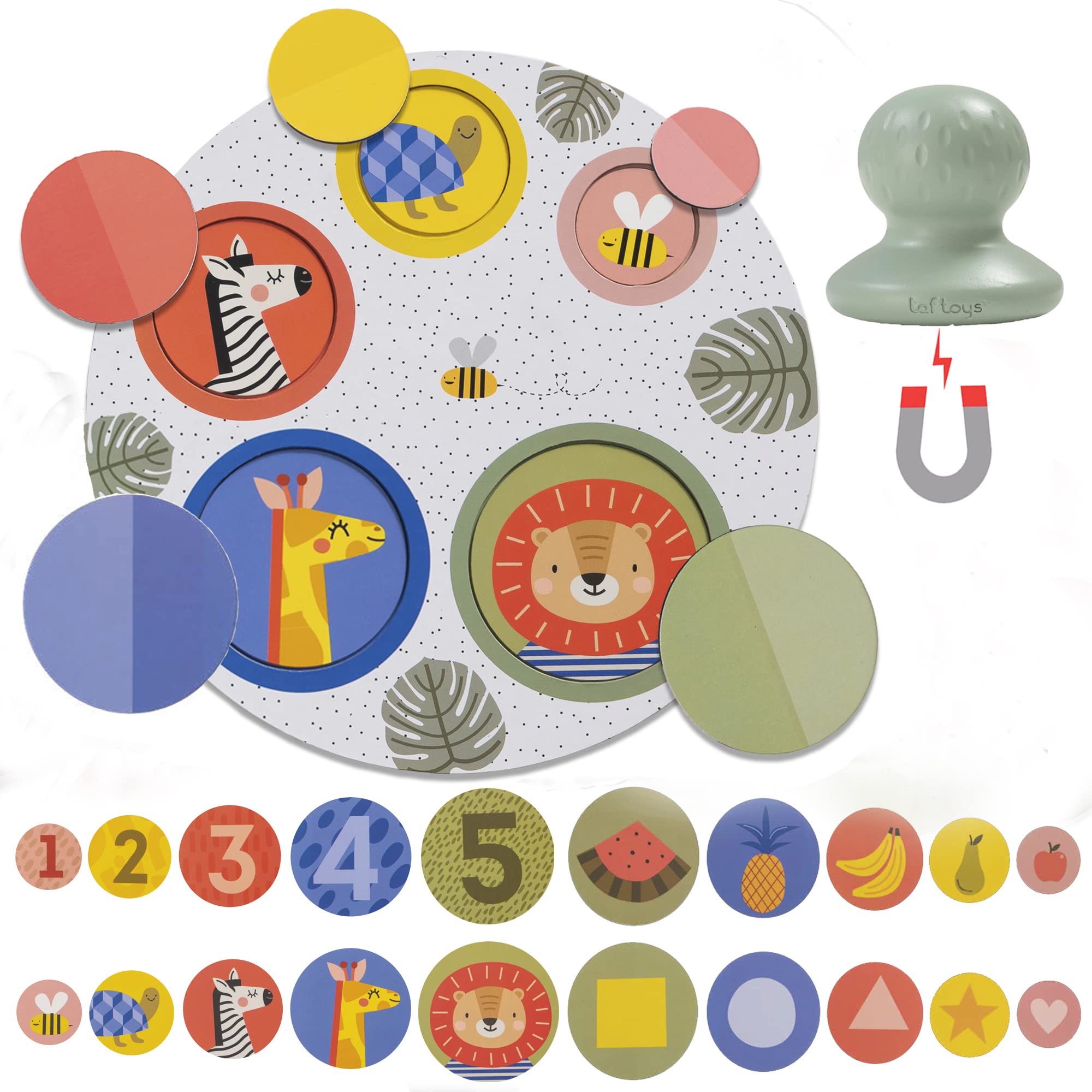 Taf Toys Magnetic Peek-A-Boo Puzzle Game Gift Set. Learn Numbers, Colours, Animals, Matching Pairs and Sorting. Play board, Magnets, Magnet Catcher & Double Sided Flash Cards. Boys & Girls 18 months +