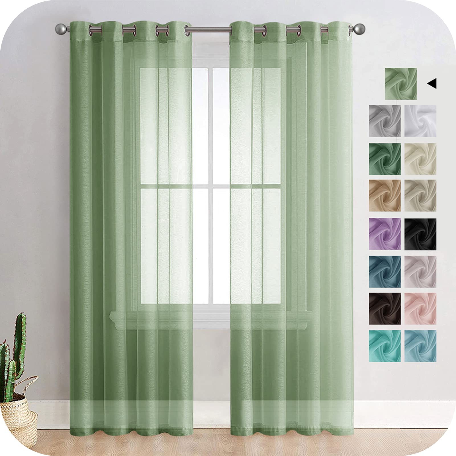 MRTREES Voile Sage Green Curtains 88 Inch Drop 2 Panels Faux Linen Eyelet Sheer Curtain Panel for Bedroom Living Room Patio Door 55x88 Inch Drop 140cm x 225cm