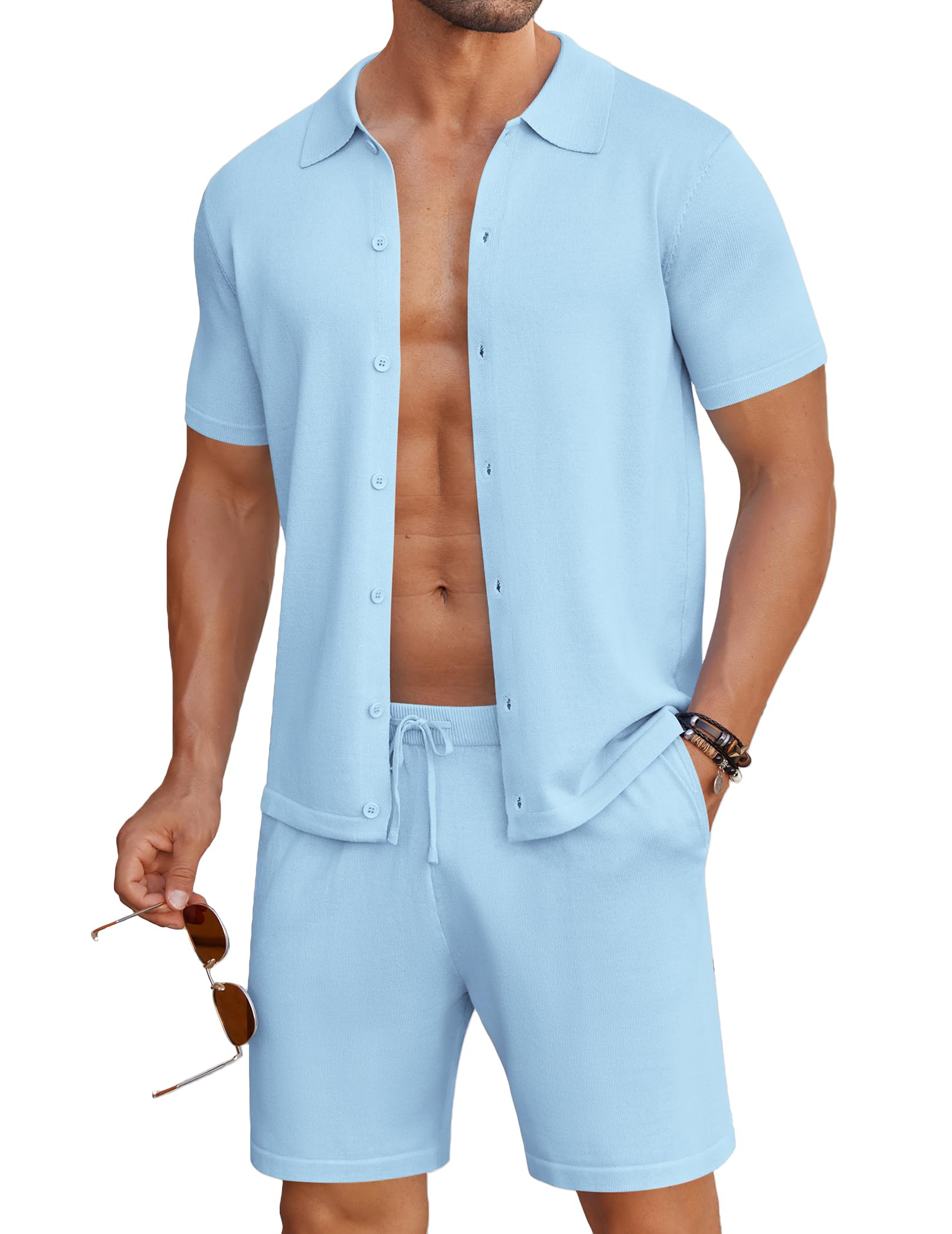 Photo 1 of COOFANDY Men's 2 Piece Outfits Sets Casual Short Sleeve Button Down Knit Shirt and Shorts Sets Summer Beach Outfits