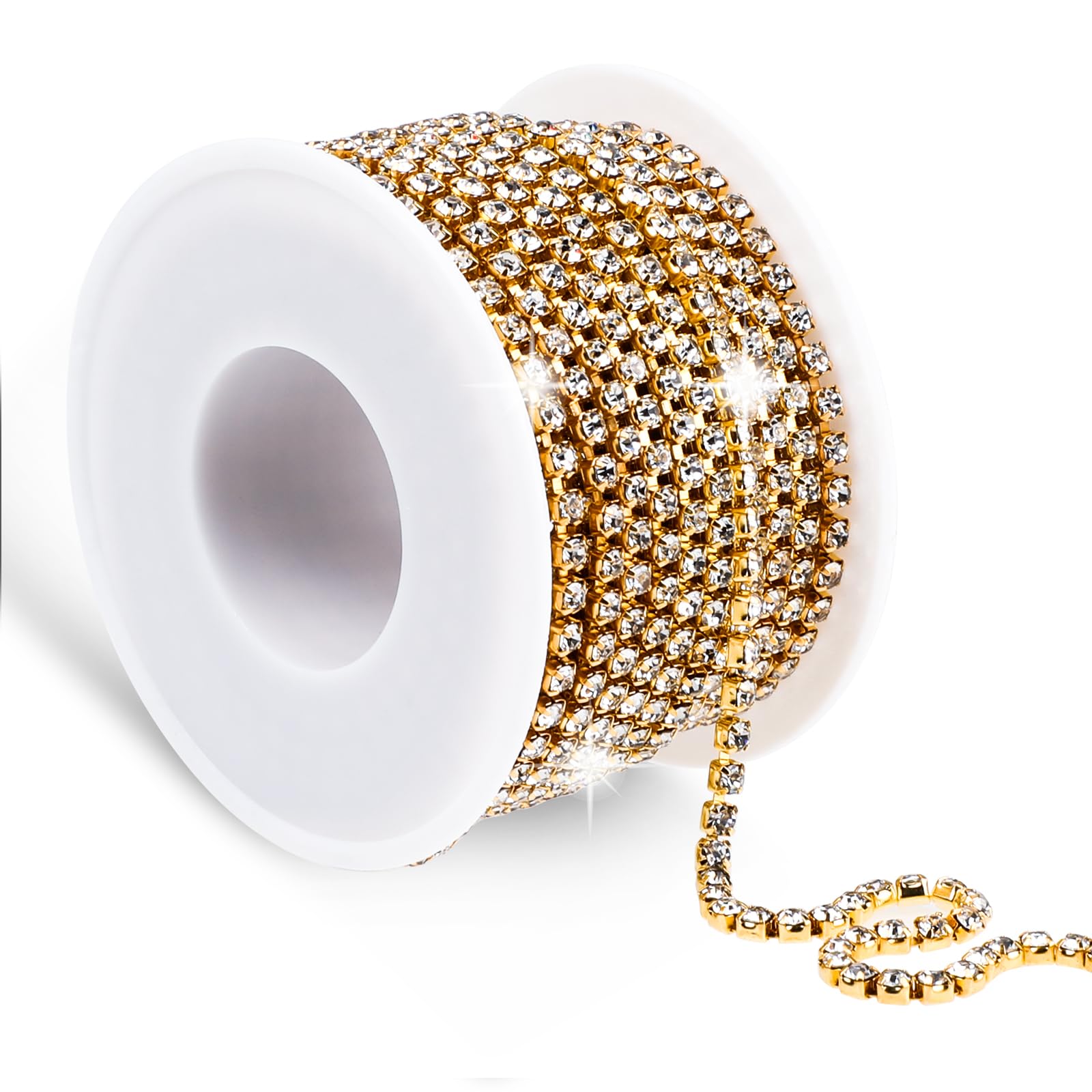 Photo 1 of 10 Yards 3MM Rhinestone Trim Crystal Rhinestone Chain Trim Rhinestone Ribbon Roll for Sewing Crafts, Jewelry Making, Wedding Cake, Bouquet, Clothes, DIY Decoration (White Rhinestone with Gold Base)