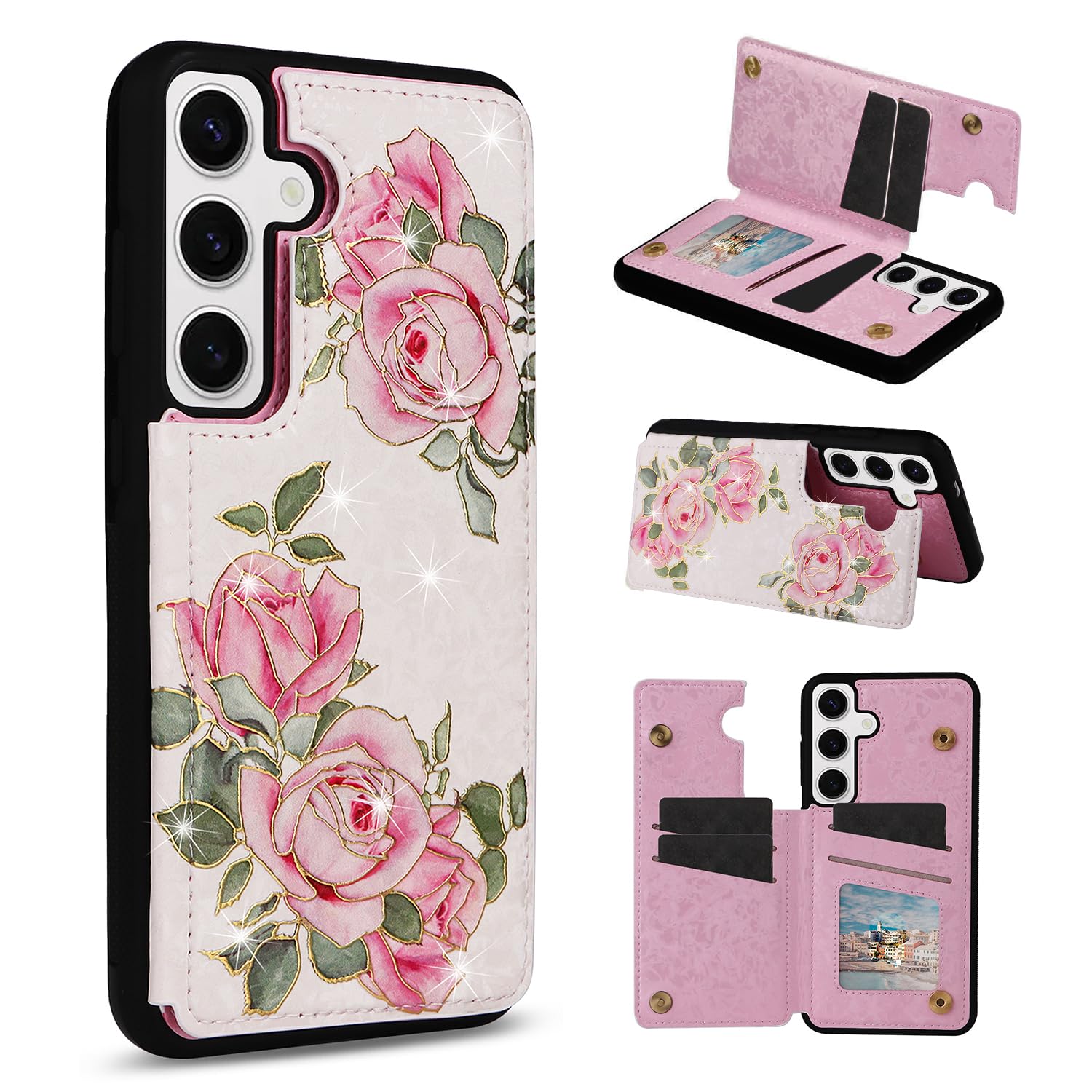 UEEBAI Wallet Case for Samsung Galaxy S23 Plus 5G with Card Holders, PU Leather Floral Cover Kickstand RFID Blocking Double Magnetic Clasp Rilievo Flower Flip Case for Women Girls - Rosette