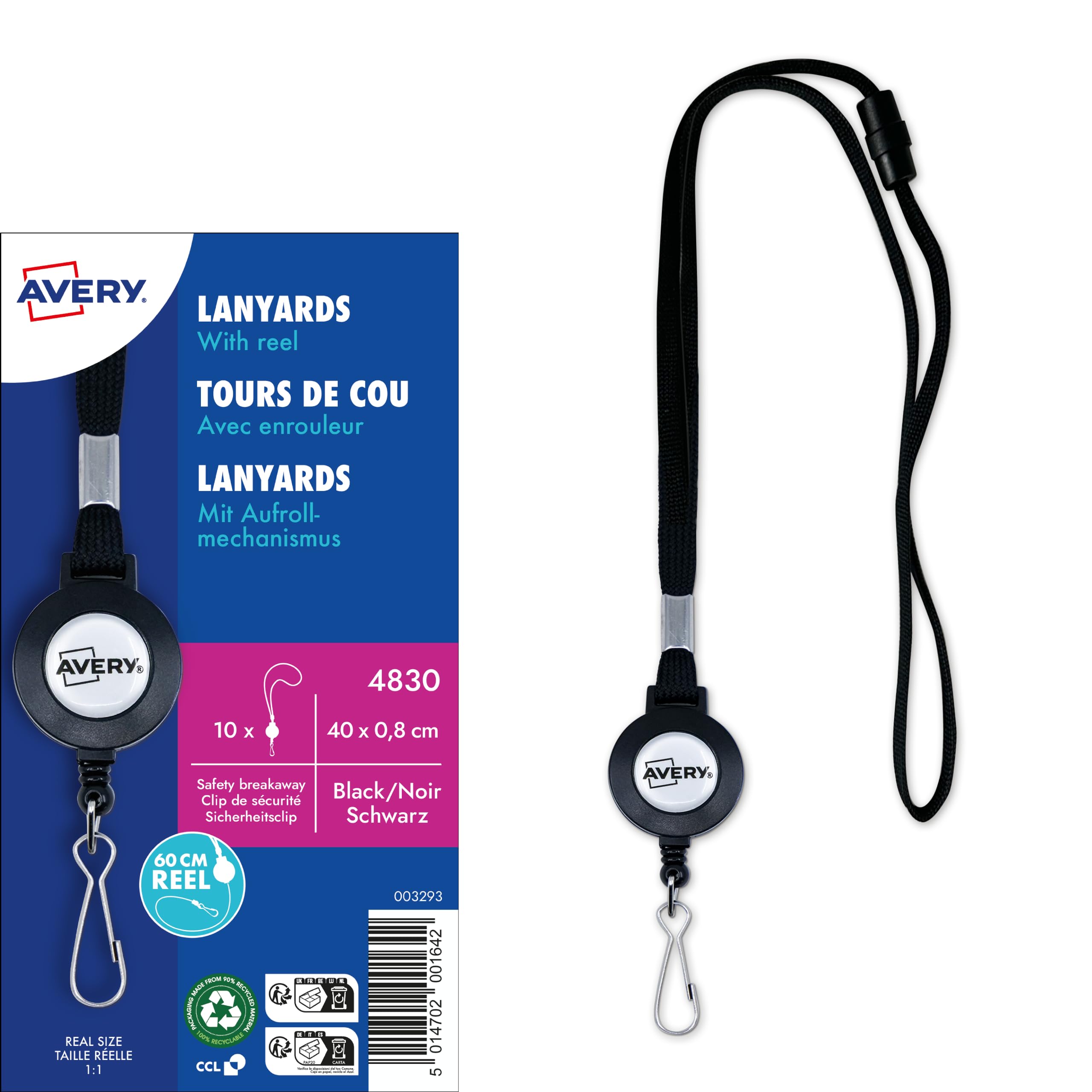 Avery 4830 Black Lanyards with Extendable Reels - Pack of 10