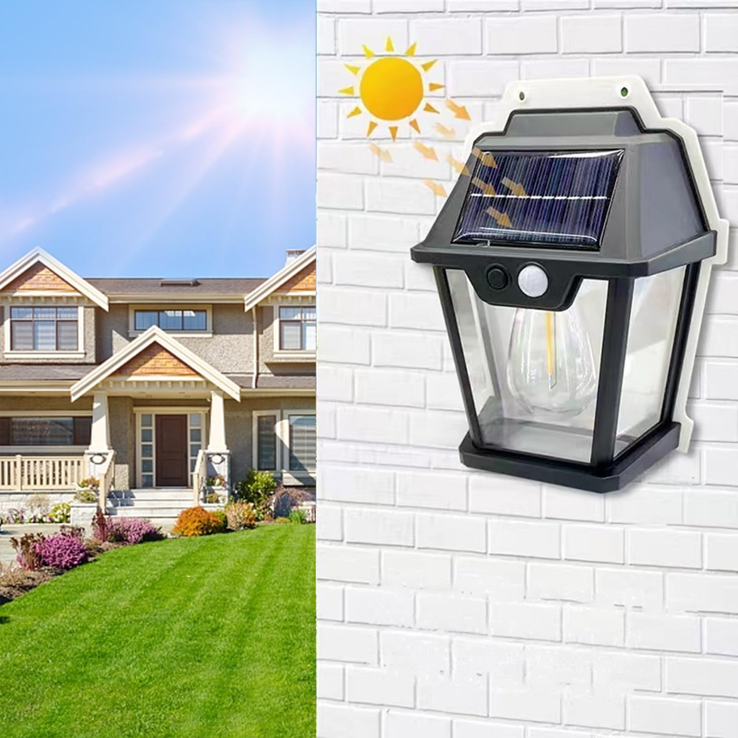 YZYOE Outdoor Solar Warm Light Wall Lamp, Wireless Dusk to Dawn Motion Sensor LED Sconce Lights IP65 Waterproof.