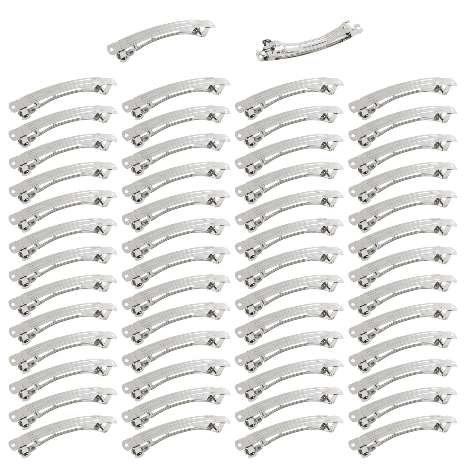 50 Pack 4 Inch Silver Blank Rectangle Metal French Barrette Hair Clips DIY Craft Clips for Bows Snap Hair Clips Ponytail Holder Hairclips Accessories for Women Girl