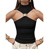 Ymejia Womens Sleeveless Halter Tops Pleated Twist Front Slim Fit Date Night Clubwear Halter Neck Tank Tops